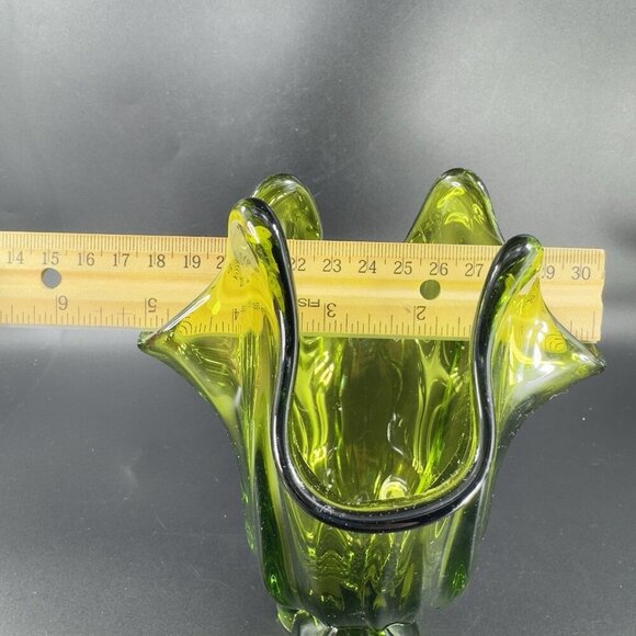 Viking Glass Avocado Green Epic Four Square Base Swung Glass Vase Bowl Dish VTG - Picture 4 of 13